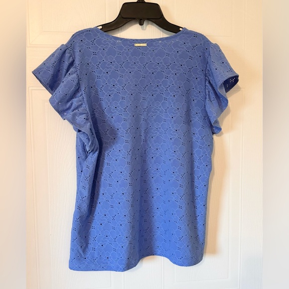 Michael Kors Floral Lace Eyelet Pull Over Blouse Blue Size Large Ruffled Sleeve - Picture 2 of 14